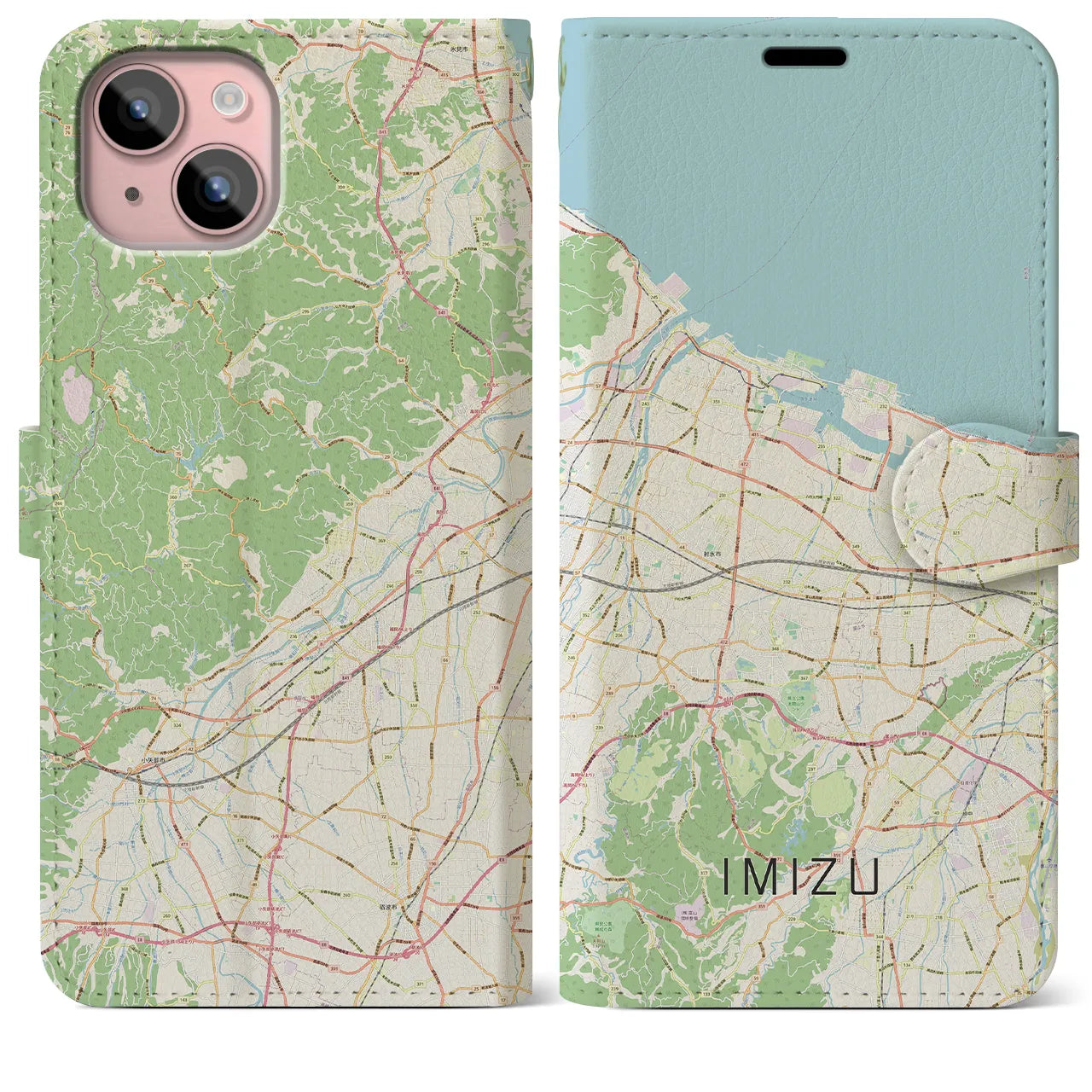 【射水（富山県）】地図柄iPhoneケース（手帳タイプ）ナチュラル・iPhone 15 Plus 用