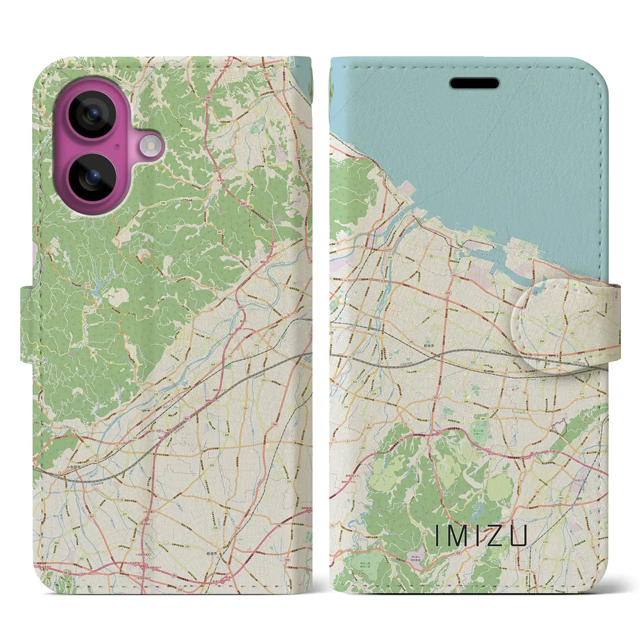 【射水（富山県）】地図柄iPhoneケース（手帳タイプ）ナチュラル・iPhone 16 Pro 用