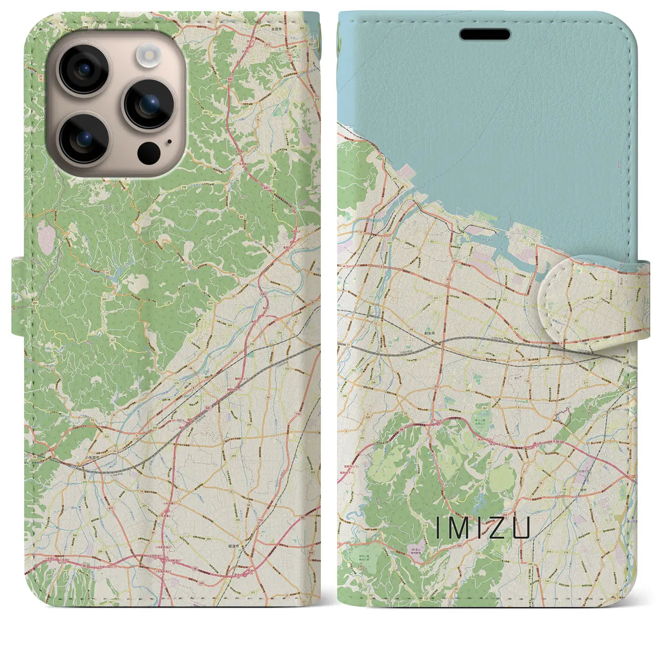 【射水（富山県）】地図柄iPhoneケース（手帳タイプ）ナチュラル・iPhone 16 Plus 用