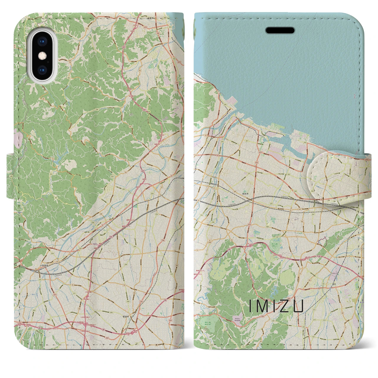 【射水（富山県）】地図柄iPhoneケース（手帳タイプ）ナチュラル・iPhone XS Max 用