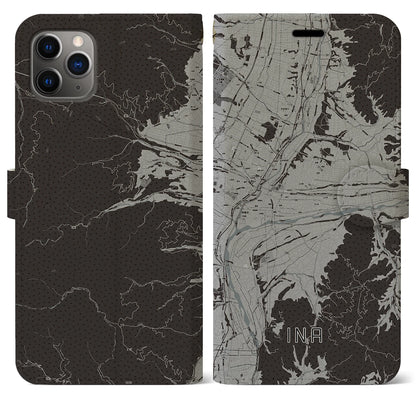 【伊那（長野県）】地図柄iPhoneケース（手帳タイプ）モノトーン・iPhone 11 Pro Max 用