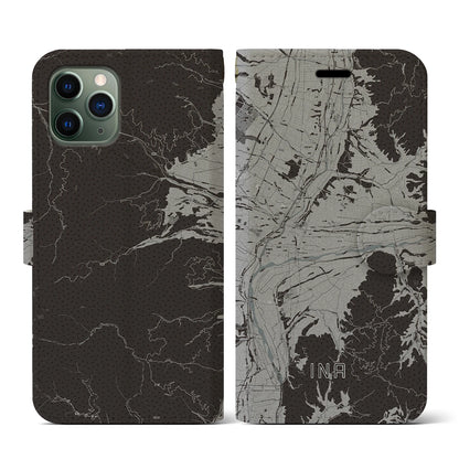 【伊那（長野県）】地図柄iPhoneケース（手帳タイプ）モノトーン・iPhone 11 Pro 用