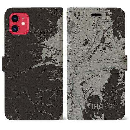【伊那（長野県）】地図柄iPhoneケース（手帳タイプ）モノトーン・iPhone 11 用