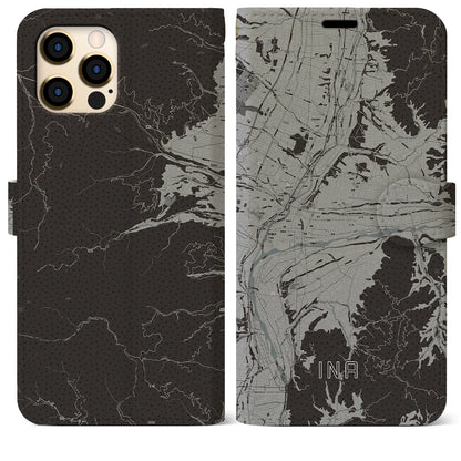 【伊那（長野県）】地図柄iPhoneケース（手帳タイプ）モノトーン・iPhone 12 Pro Max 用