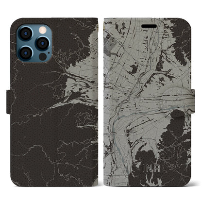 【伊那（長野県）】地図柄iPhoneケース（手帳タイプ）モノトーン・iPhone 12 / 12 Pro 用