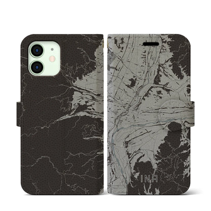 【伊那（長野県）】地図柄iPhoneケース（手帳タイプ）モノトーン・iPhone 12 mini 用