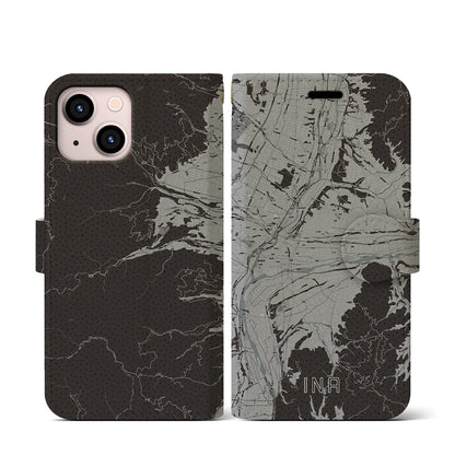 【伊那（長野県）】地図柄iPhoneケース（手帳タイプ）モノトーン・iPhone 13 mini 用