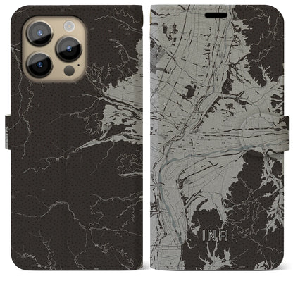 【伊那（長野県）】地図柄iPhoneケース（手帳タイプ）モノトーン・iPhone 14 Pro Max 用