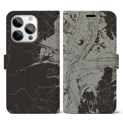 【伊那（長野県）】地図柄iPhoneケース（手帳タイプ）モノトーン・iPhone 14 Pro 用