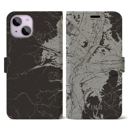 【伊那（長野県）】地図柄iPhoneケース（手帳タイプ）モノトーン・iPhone 14 用