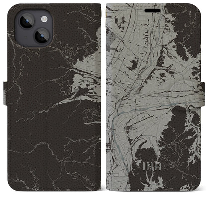 【伊那（長野県）】地図柄iPhoneケース（手帳タイプ）モノトーン・iPhone 14 Plus 用
