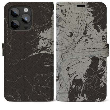 【伊那（長野県）】地図柄iPhoneケース（手帳タイプ）モノトーン・iPhone 15 Pro Max 用