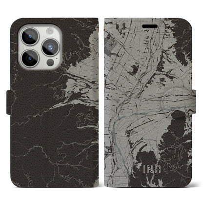 【伊那（長野県）】地図柄iPhoneケース（手帳タイプ）モノトーン・iPhone 15 Pro 用