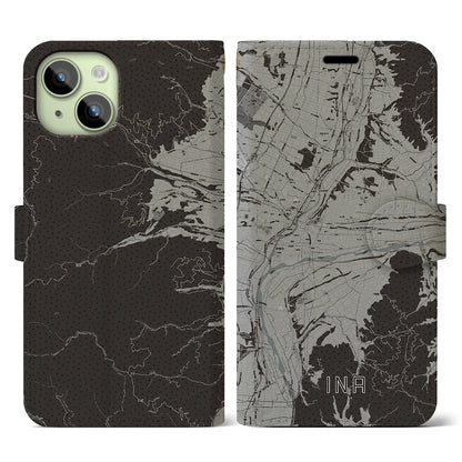 【伊那（長野県）】地図柄iPhoneケース（手帳タイプ）モノトーン・iPhone 15 用