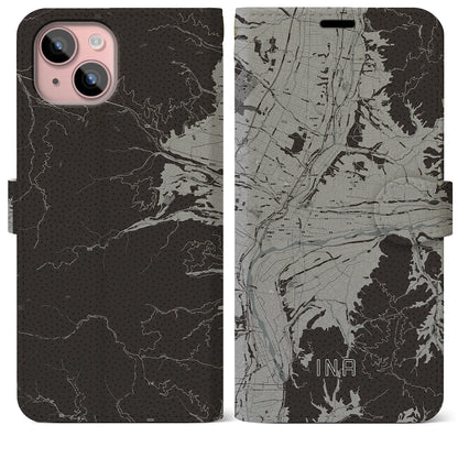 【伊那（長野県）】地図柄iPhoneケース（手帳タイプ）モノトーン・iPhone 15 Plus 用