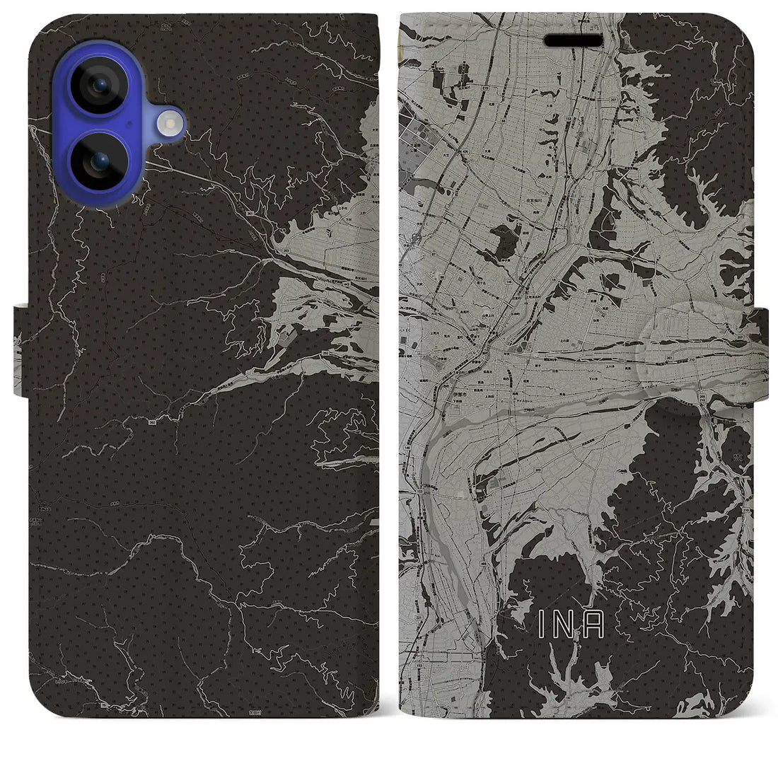 【伊那(長野県)】地図柄iPhoneケース(手帳タイプ)モノトーン・iPhone 16 Pro Max 用