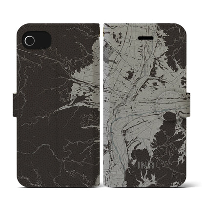 【伊那（長野県）】地図柄iPhoneケース（手帳タイプ）モノトーン・iPhone SE（第3 / 第2世代） / 8 / 7 / 6s / 6 用