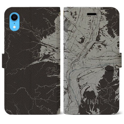 【伊那（長野県）】地図柄iPhoneケース（手帳タイプ）モノトーン・iPhone XR 用