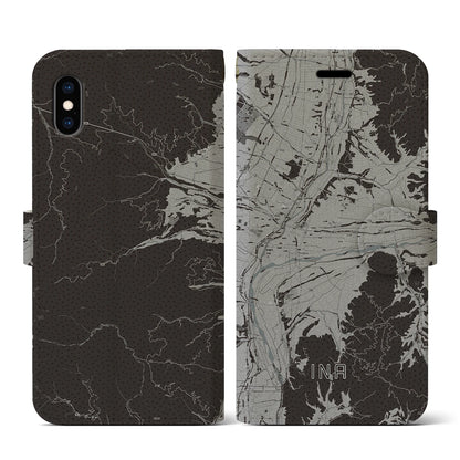 【伊那（長野県）】地図柄iPhoneケース（手帳タイプ）モノトーン・iPhone XS / X 用