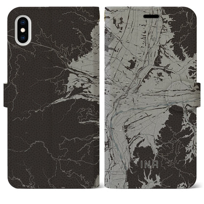 【伊那（長野県）】地図柄iPhoneケース（手帳タイプ）モノトーン・iPhone XS Max 用