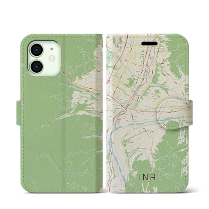 【伊那（長野県）】地図柄iPhoneケース（手帳タイプ）ナチュラル・iPhone 12 mini 用