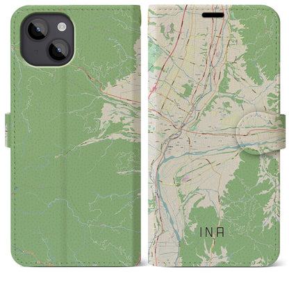 【伊那（長野県）】地図柄iPhoneケース（手帳タイプ）ナチュラル・iPhone 14 Plus 用