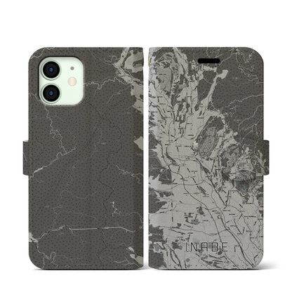 【いなべ（三重県）】地図柄iPhoneケース（手帳タイプ）モノトーン・iPhone 12 mini 用