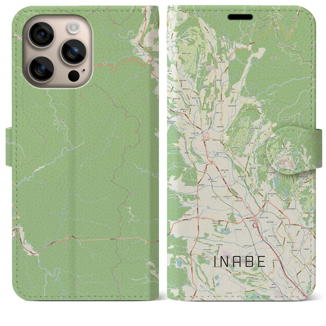 【いなべ（三重県）】地図柄iPhoneケース（手帳タイプ）ナチュラル・iPhone 16 Plus 用