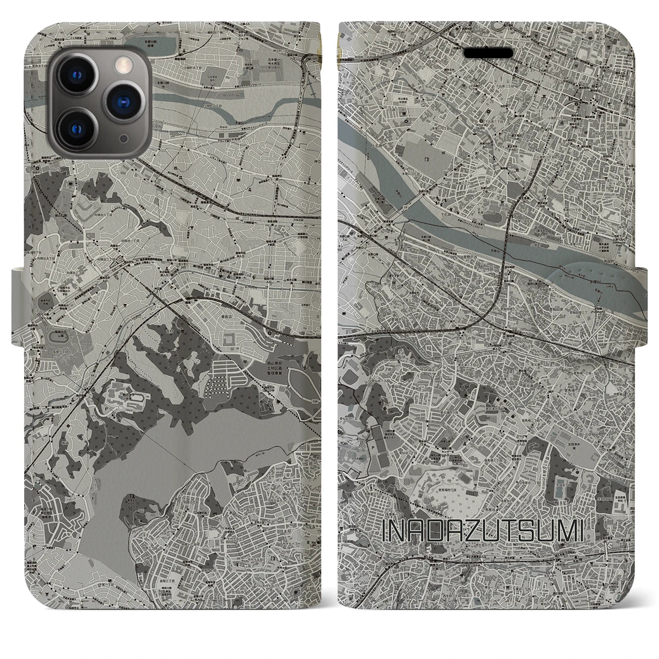 【稲田堤】地図柄iPhoneケース（手帳両面タイプ・モノトーン）iPhone 11 Pro Max 用