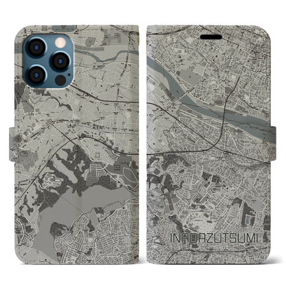 【稲田堤（神奈川県）】地図柄iPhoneケース（手帳タイプ）モノトーン・iPhone 12 / 12 Pro 用