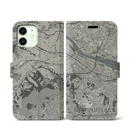 【稲田堤（神奈川県）】地図柄iPhoneケース（手帳タイプ）モノトーン・iPhone 12 mini 用