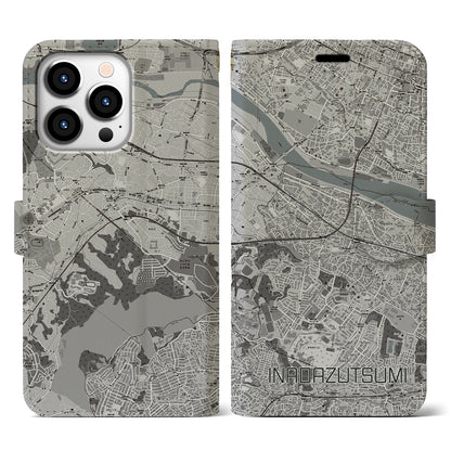 【稲田堤（神奈川県）】地図柄iPhoneケース（手帳タイプ）モノトーン・iPhone 13 Pro 用