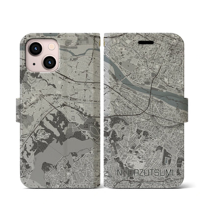 【稲田堤（神奈川県）】地図柄iPhoneケース（手帳タイプ）モノトーン・iPhone 13 mini 用