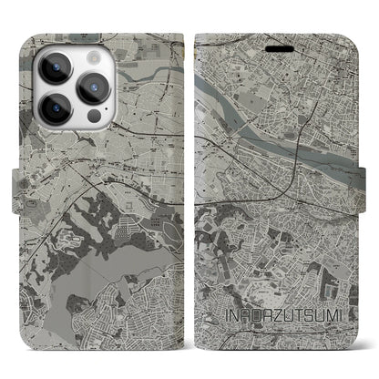 【稲田堤（神奈川県）】地図柄iPhoneケース（手帳タイプ）モノトーン・iPhone 14 Pro 用