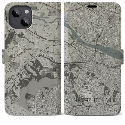 【稲田堤（神奈川県）】地図柄iPhoneケース（手帳タイプ）モノトーン・iPhone 14 Plus 用