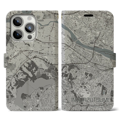 【稲田堤（神奈川県）】地図柄iPhoneケース（手帳タイプ）モノトーン・iPhone 15 Pro 用