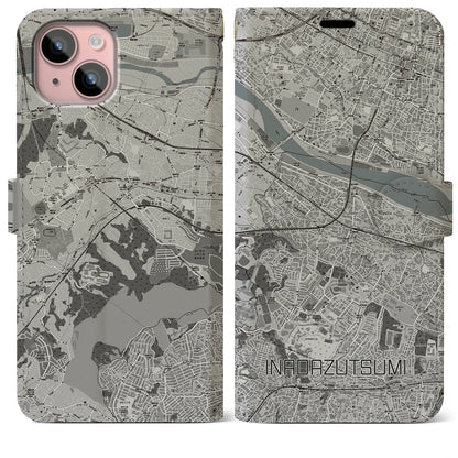 【稲田堤（神奈川県）】地図柄iPhoneケース（手帳タイプ）モノトーン・iPhone 15 Plus 用