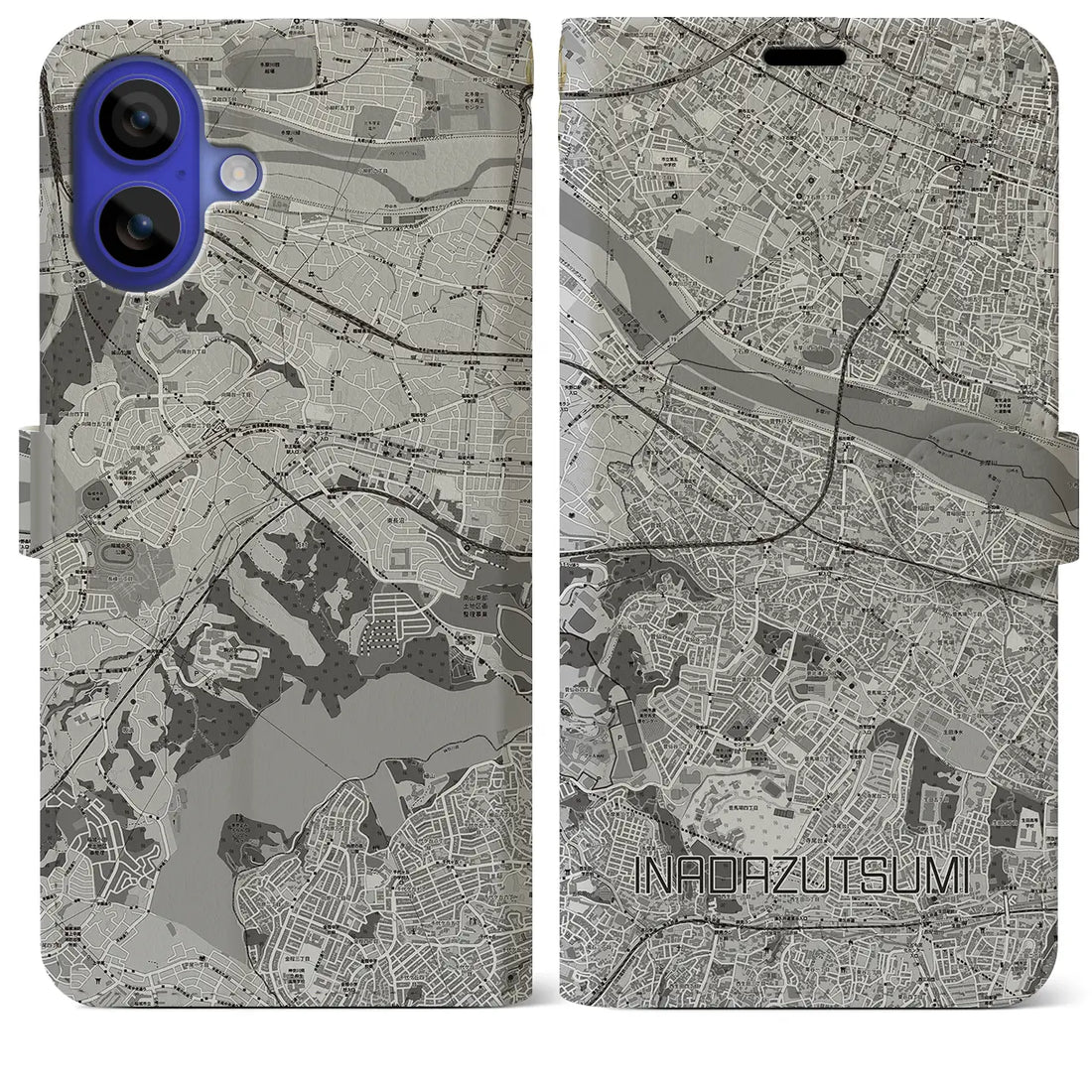 【稲田堤(神奈川県)】地図柄iPhoneケース(手帳タイプ)モノトーン・iPhone 16 Pro Max 用