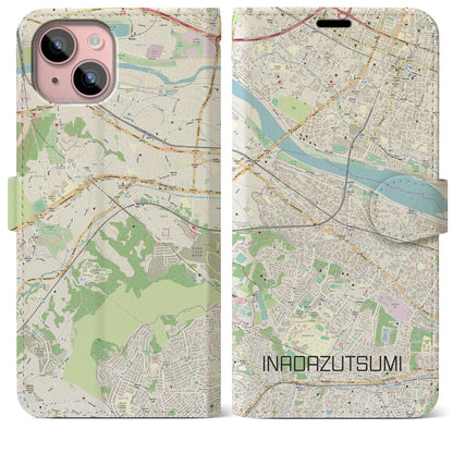 【稲田堤（神奈川県）】地図柄iPhoneケース（手帳タイプ）ナチュラル・iPhone 15 Plus 用