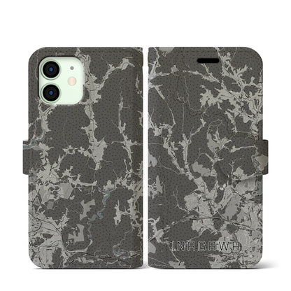 【猪名川（兵庫県）】地図柄iPhoneケース（手帳タイプ）モノトーン・iPhone 12 mini 用