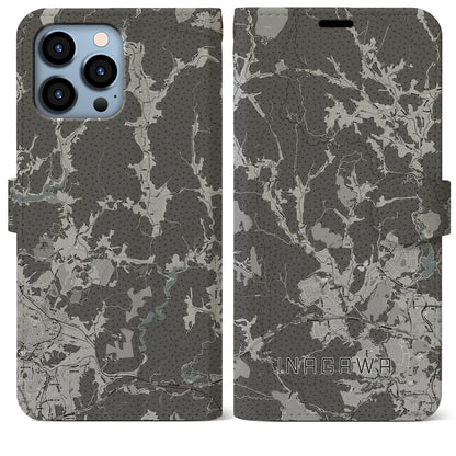 【猪名川（兵庫県）】地図柄iPhoneケース（手帳タイプ）モノトーン・iPhone 13 Pro Max 用