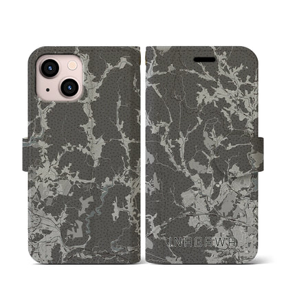 【猪名川（兵庫県）】地図柄iPhoneケース（手帳タイプ）モノトーン・iPhone 13 mini 用