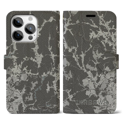 【猪名川（兵庫県）】地図柄iPhoneケース（手帳タイプ）モノトーン・iPhone 14 Pro 用