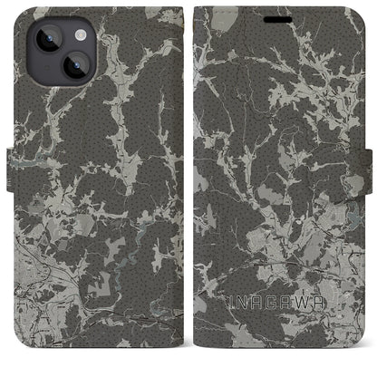 【猪名川（兵庫県）】地図柄iPhoneケース（手帳タイプ）モノトーン・iPhone 14 Plus 用