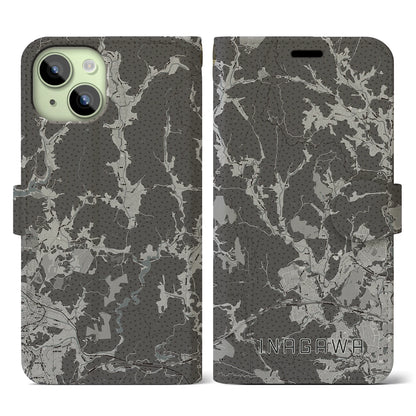 【猪名川（兵庫県）】地図柄iPhoneケース（手帳タイプ）モノトーン・iPhone 15 用