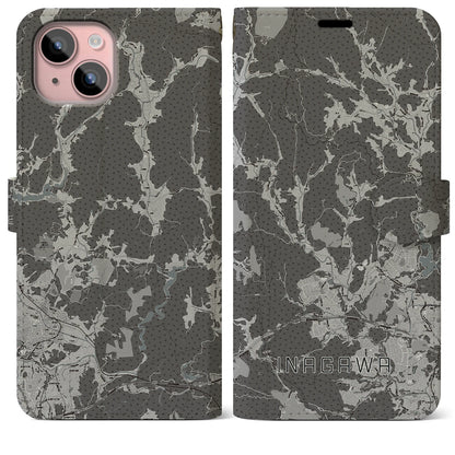 【猪名川（兵庫県）】地図柄iPhoneケース（手帳タイプ）モノトーン・iPhone 15 Plus 用