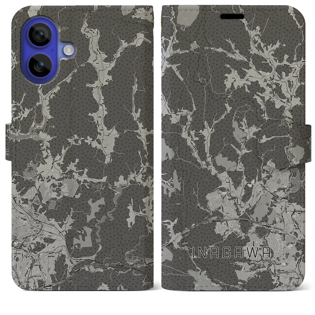 【猪名川(兵庫県)】地図柄iPhoneケース(手帳タイプ)モノトーン・iPhone 16 Pro Max 用