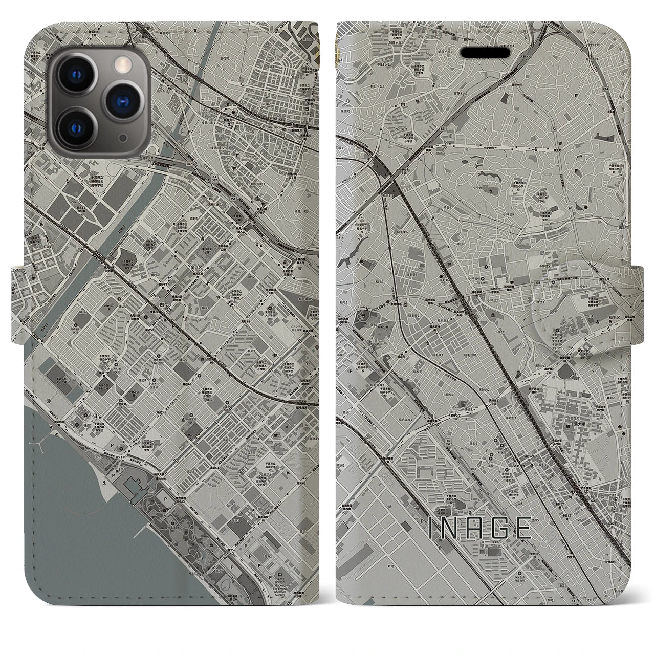 【稲毛】地図柄iPhoneケース（手帳両面タイプ・モノトーン）iPhone 11 Pro Max 用