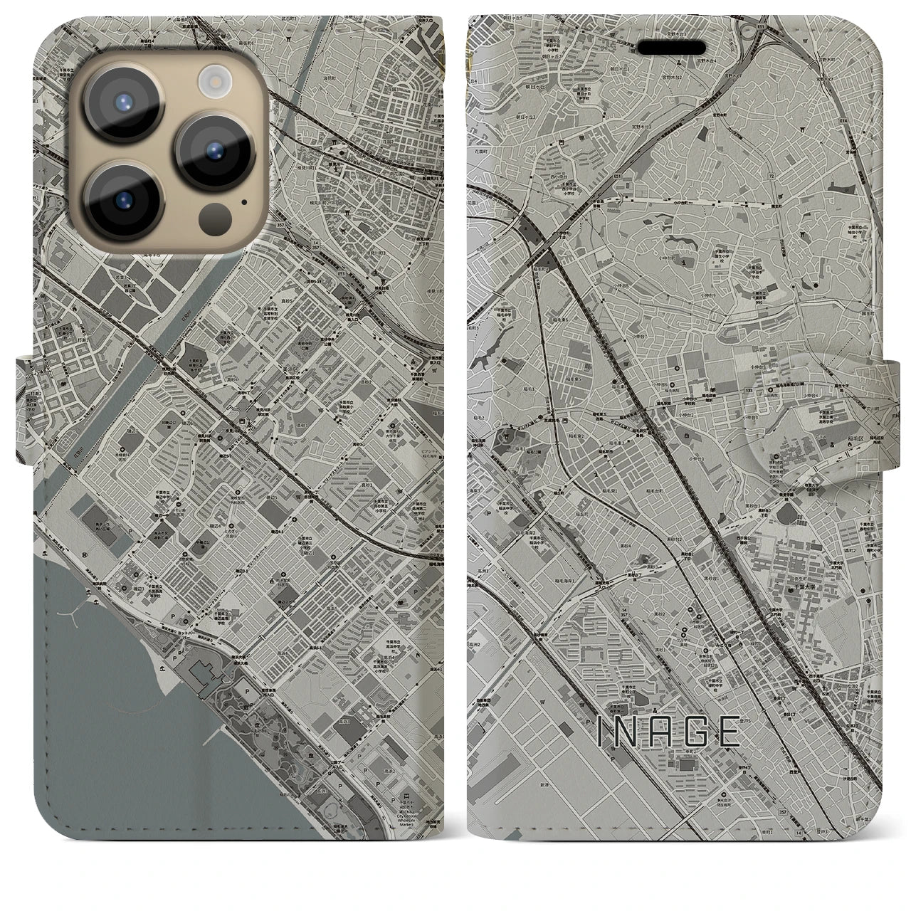 【稲毛】地図柄iPhoneケース（手帳両面タイプ・モノトーン）iPhone 14 Pro Max 用