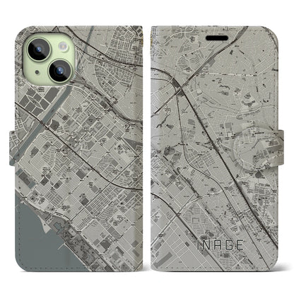 【稲毛（千葉県）】地図柄iPhoneケース（手帳タイプ）モノトーン・iPhone 15 用